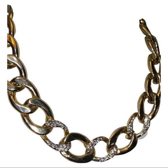 Vintage Chunky Heavy Gold Link Chain Choker Necklace with Pave Diamond Accents - Picture 3 of 5